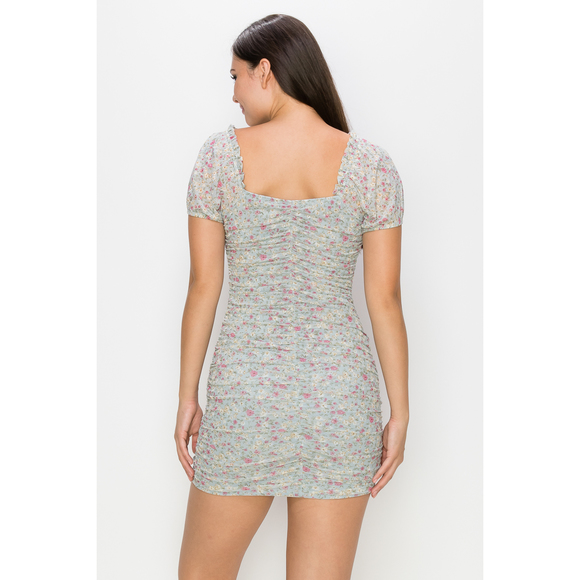 Ruched Floral Ruffled Bodycon Dress - Picture 5 of 8